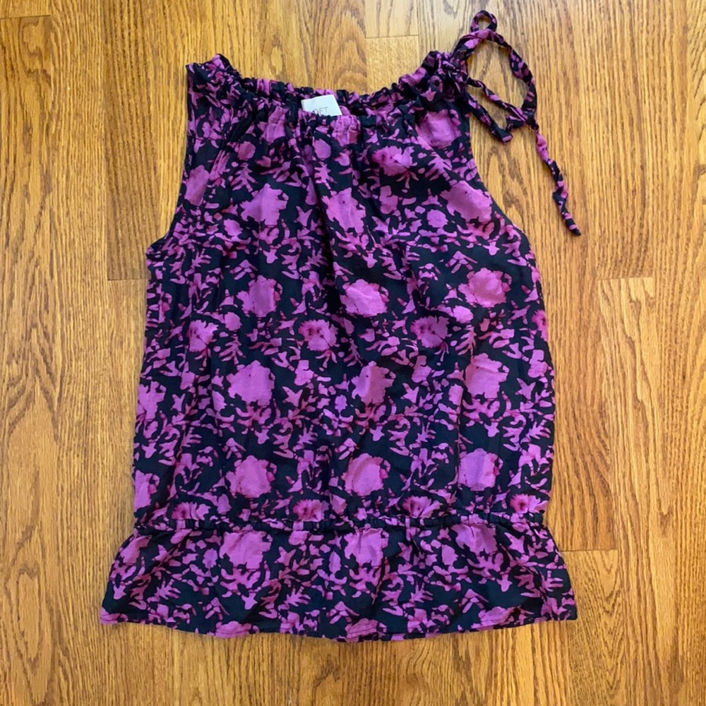 Loft halter neck tie bow cotton silk ruffle bottom ink dye floral black purple